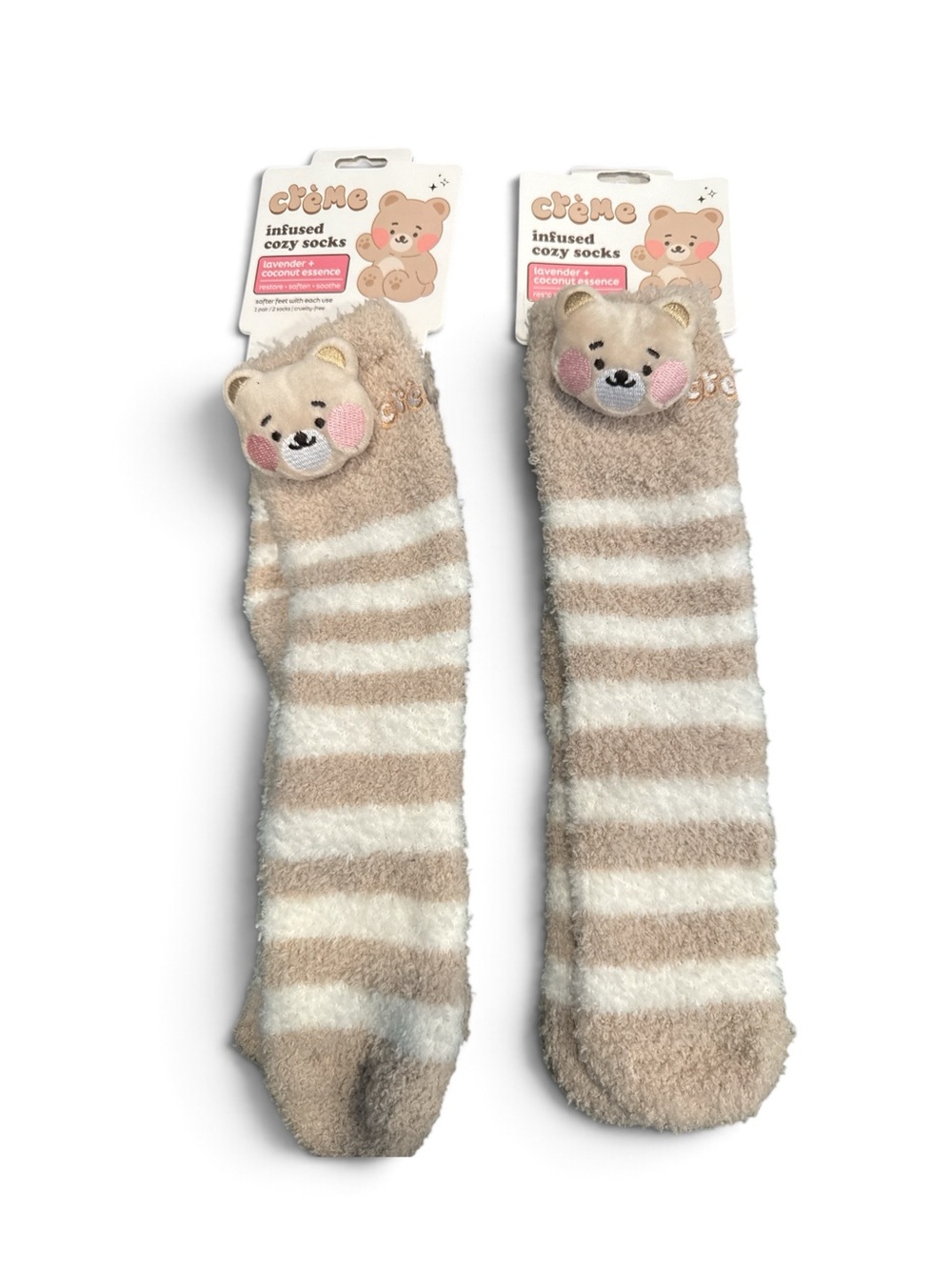 Crème Infused Plush Bear Striped Socks - Beige & White (2 pairs)